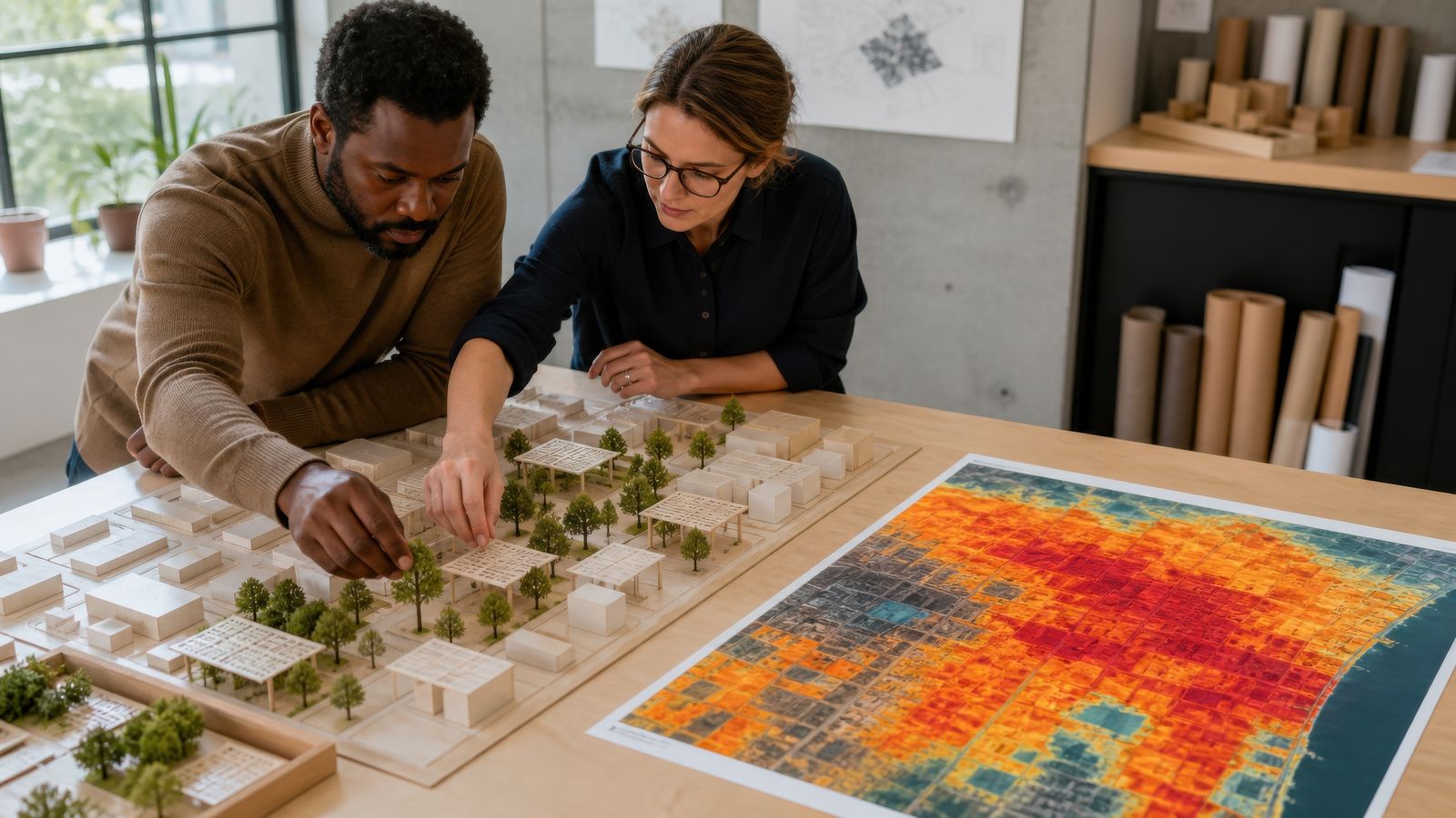 Dos profesionales revisando una maqueta urbana junto a un mapa de calor impreso