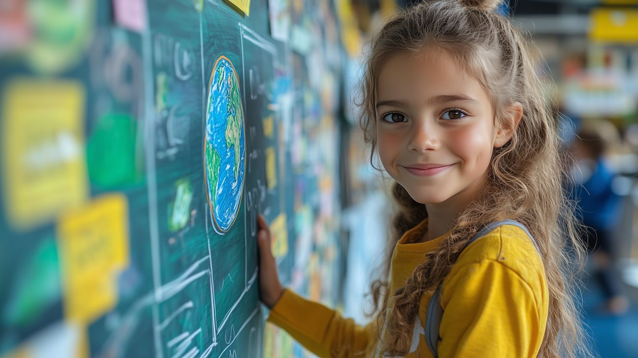 Niña junto a una pizarra escolar con un planeta dibujado con tiza